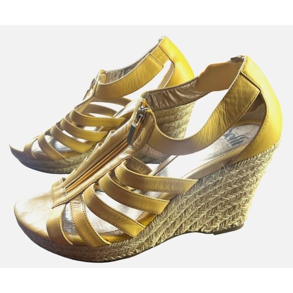 Sofft Euro Soft Espadrille High Heel Wedge Mustard Yellow Leather Sandal 9.5 - Picture 3 of 8